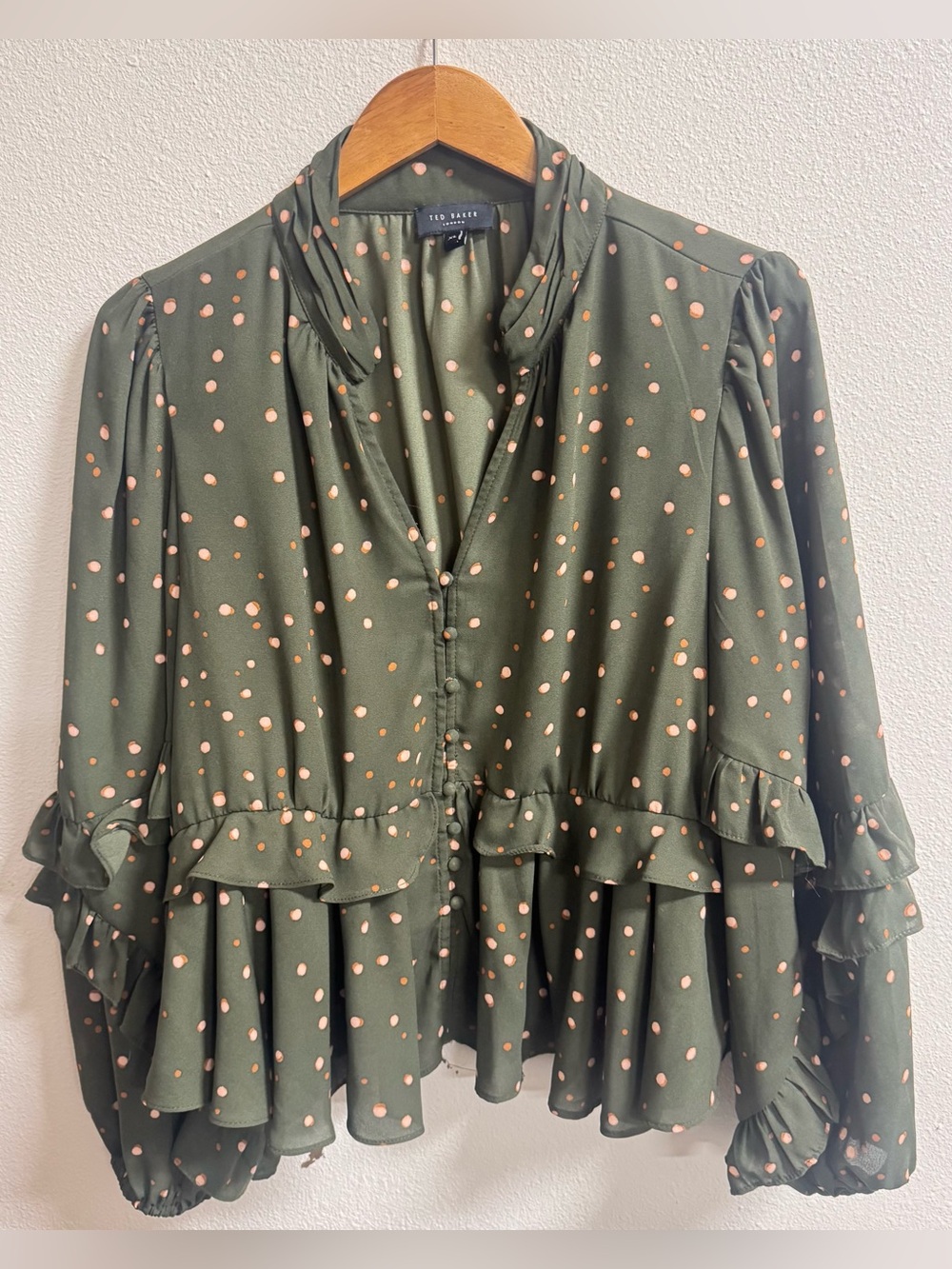 Ted Baker London Blouse Womens XL Olive Green Polka Dot Ruffle Balloon Sleeve